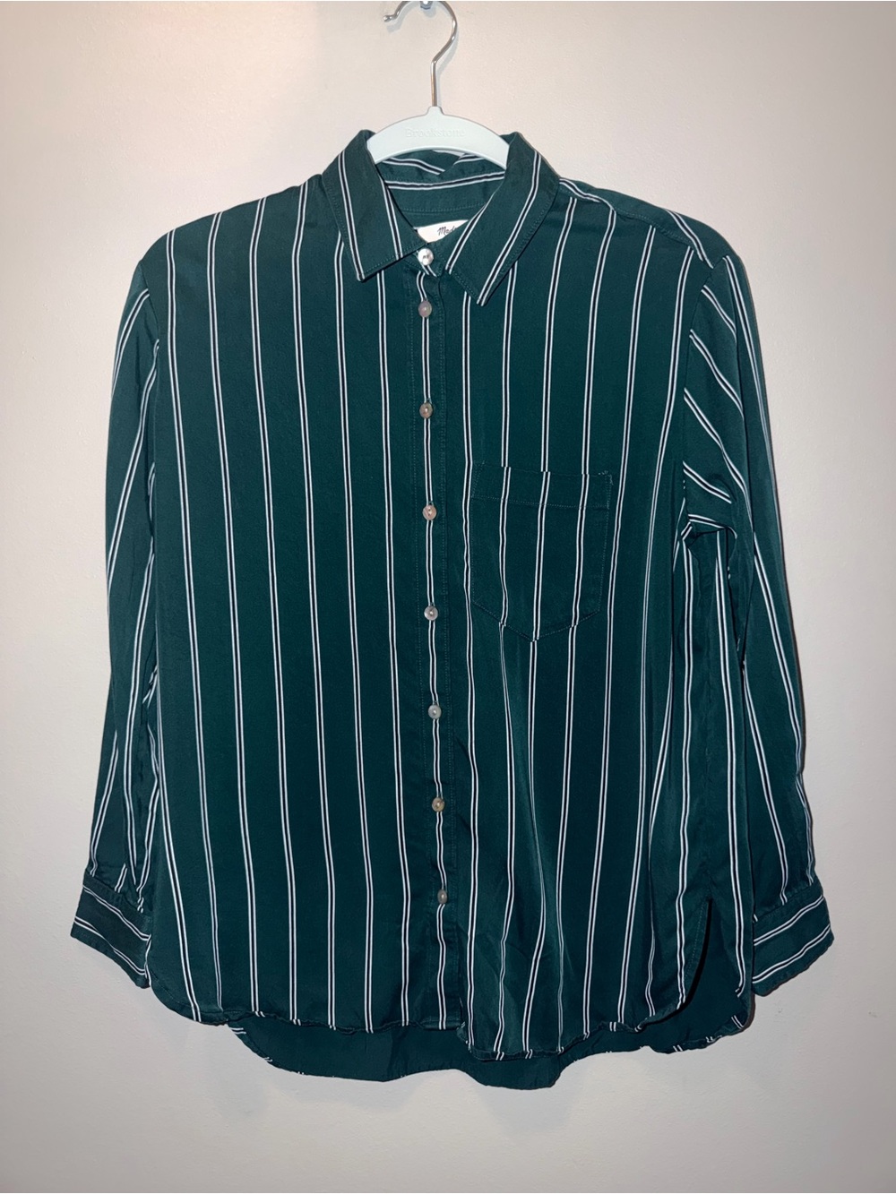 Madewell Dark Green Oversized Vertical Stripe Button-Down Shirt preppy luxe
